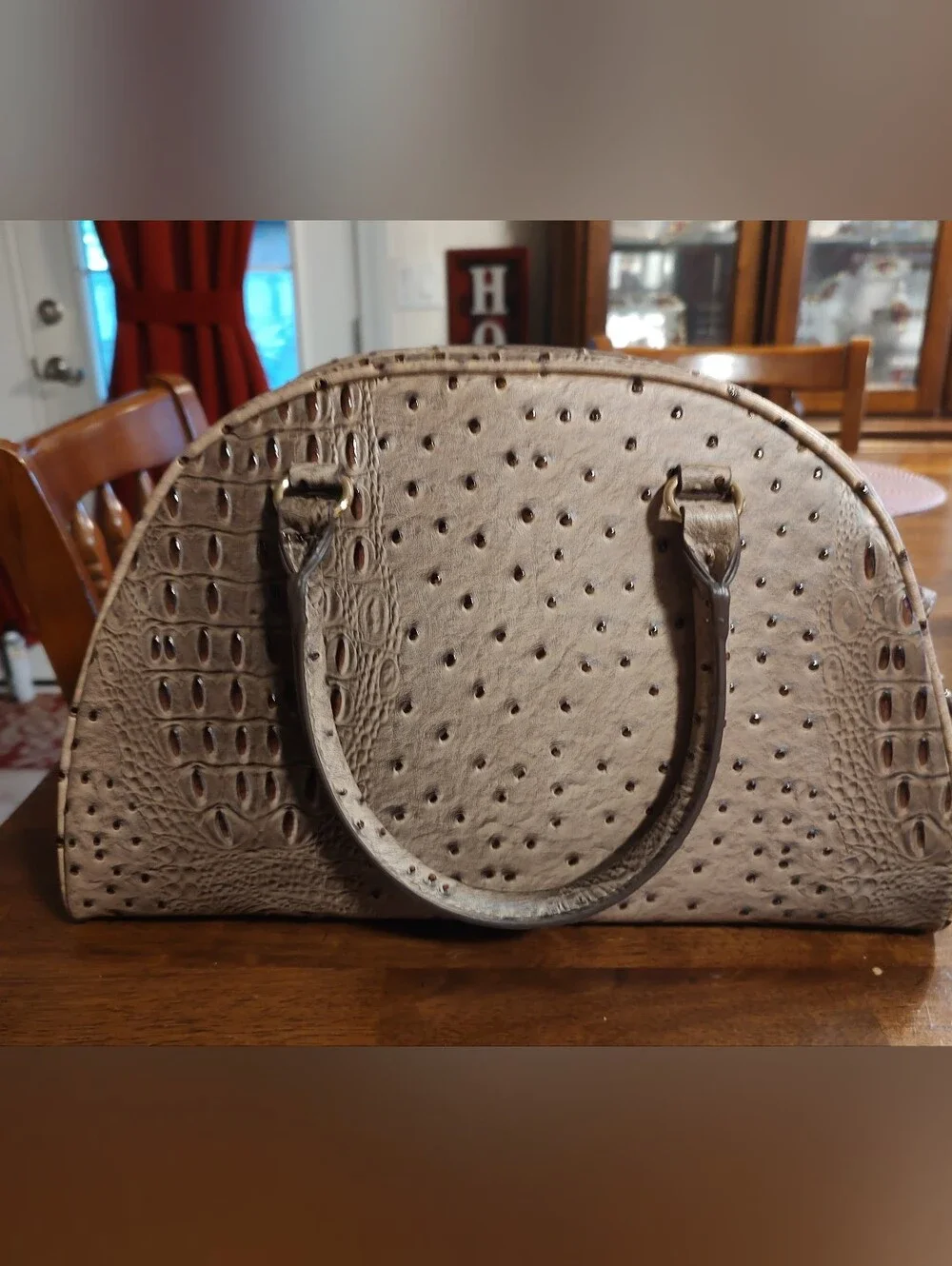 Cato Taupe Faux-Ostrich Dome Satchel with Gold Accents